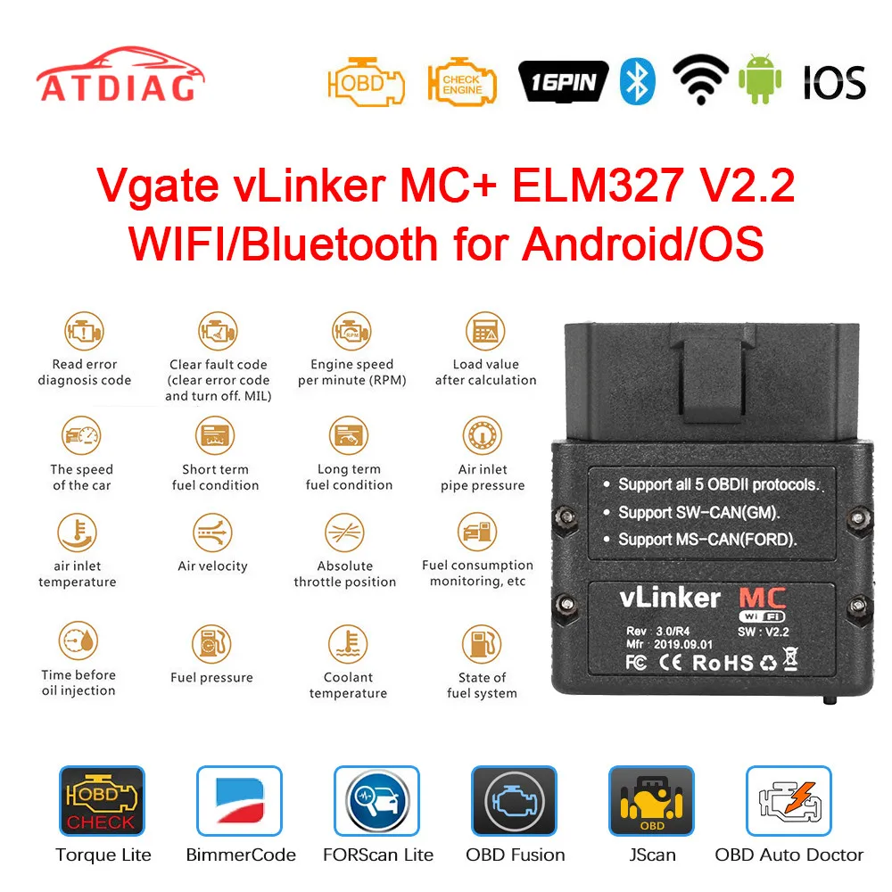 Автомобильный диагностический сканер Vgate vLinker MC + ELM 327 V2.2 Bluetooth 4 0 WIFI ELM327 для Android/IOS