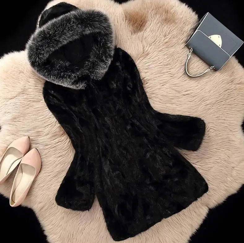 S/6Xl женское длинное черное пальто с капюшоном из искусственного меха размера плюс, повседневная верхняя одежда из искусственного меха большого размера K1222