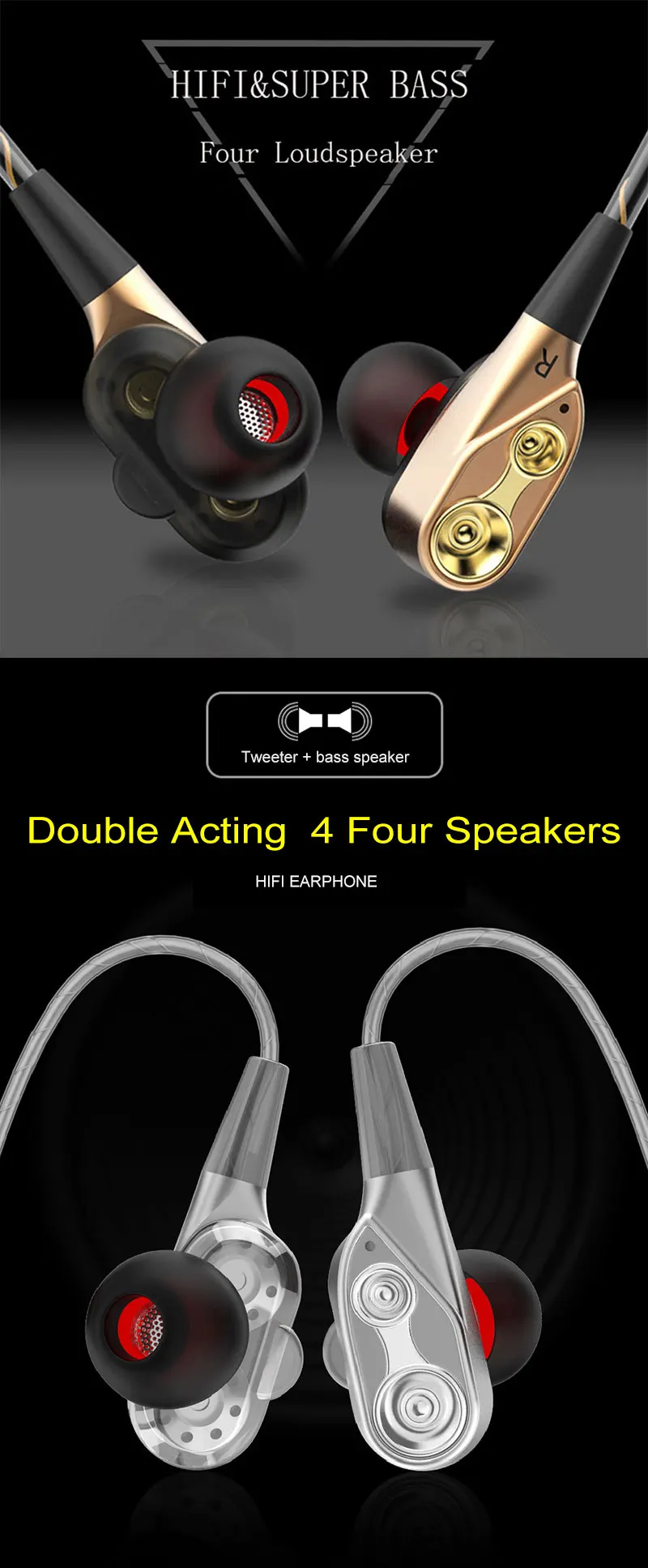 Dual Drive Stereo Wired Earphone In-ear Headset Earbuds Bass Earphones For IPhone Samsung 3.5mm Sport Gaming Headset With Mic