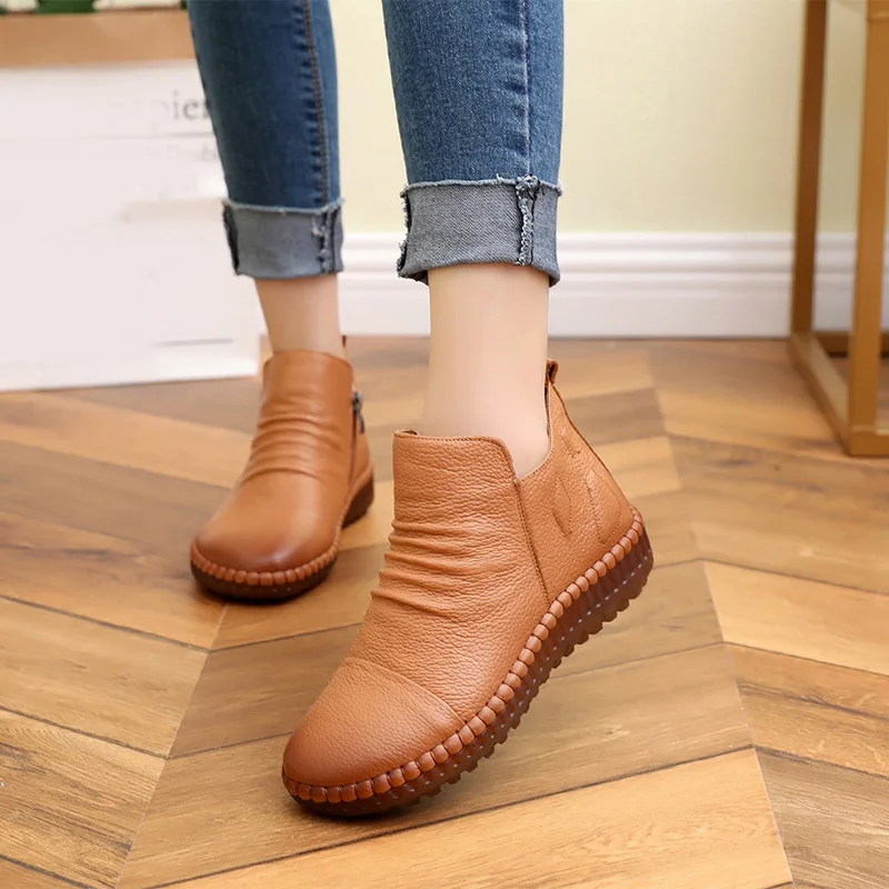 

HEE GRAND Women Genuine Leather Ankle Boots Flats Pleated Ladies Zip Female Fashion Short Boots Fashion Retro Shoes XWX7389