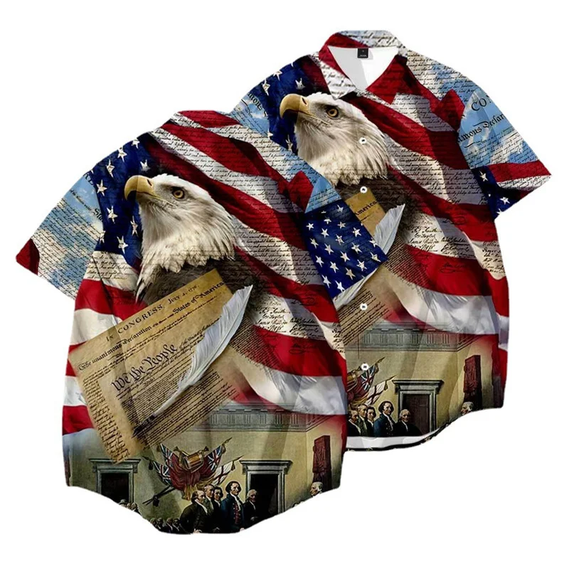 

USA flag Eagle Summer Casual Short Sleeve Men's Shirts Hawaii Male Animal 3D Print Beach Shirt Streetwear Holiday Camisa Hombre