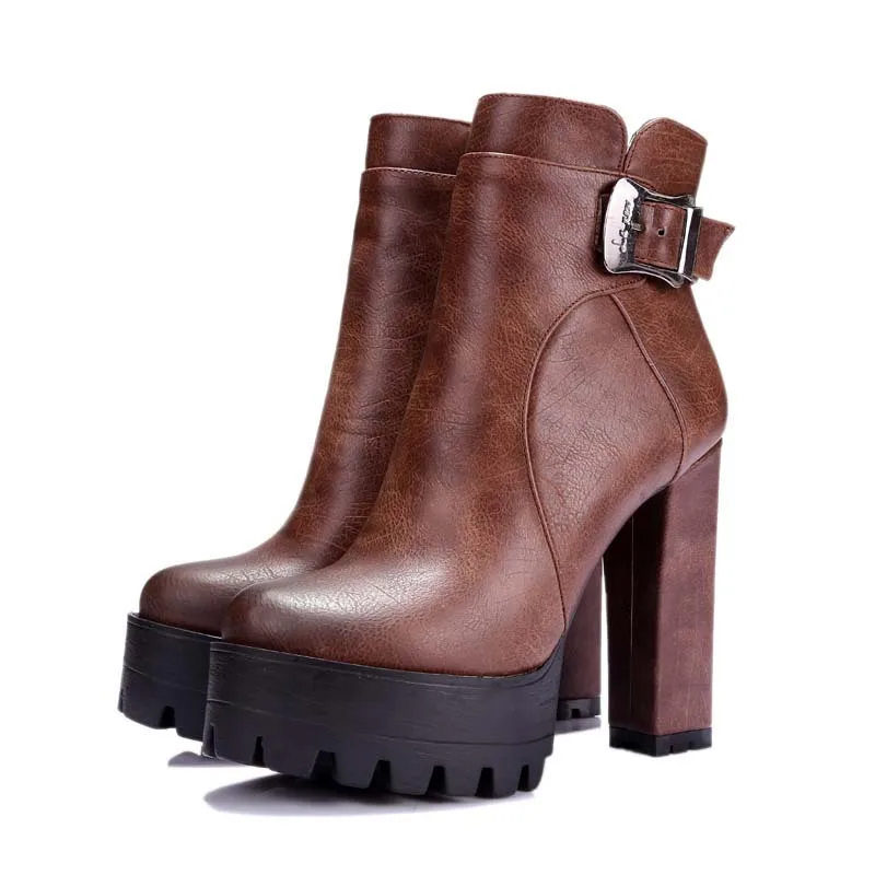 ENMAYER Women Boots Punk Buckle Round Toe High Square Heel Ankle for Platform Big Size 34 42|high boots|ankle boots womenheeled ankle |