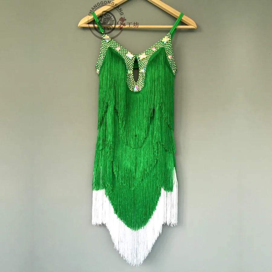 green vs white Модное латинский бахрома платье можно настроить латинское танцевальное платье для девочек без рукавов женские юбки для самбы танцевальное платье для девочек - Цвет: green vs white