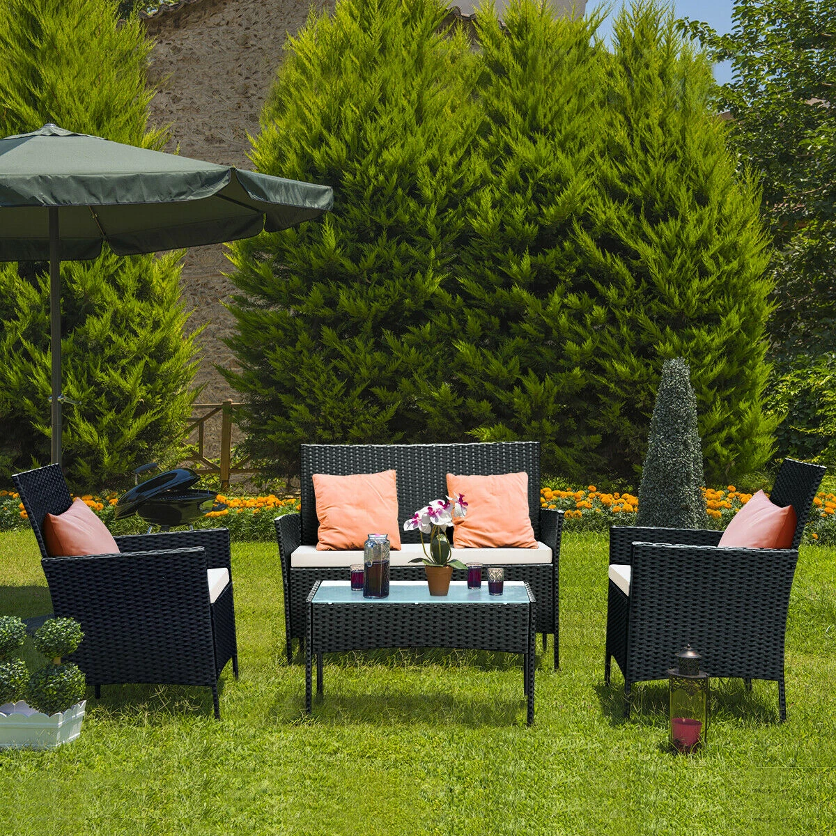 Costway 4 Pcs Patio Rattan Wicker Furniture Set Loveseat Sofa Cushioned Outdoor Garden Yard Aliexpress