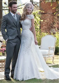 

2020 New Design Vestido de noiva Mermaid Wedding Dress Cheap Lace O Neck Cap Sleeve Bridal Gowns