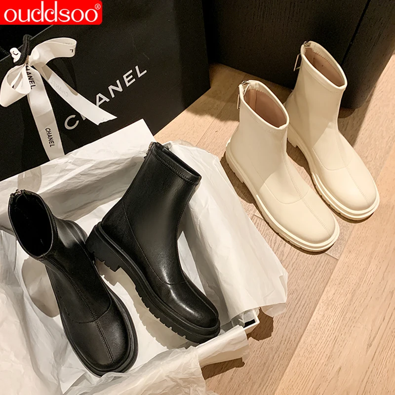 ODS New Women Genuine Leather Short Boots Round Toe Chunky Bottom Ankle  Boots Casual Autumn Winter Black White Big Size 40 - AliExpress