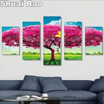 

Red tree landscape 5pcs diy diamond painting large full square round mosaic embroidery multi-picture home decor SR52