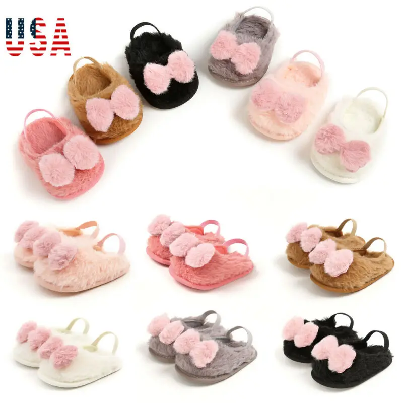 

Cute Toddler Baby Boy Girl Rabbit Hair Shoes Winter Warm Faux Bow Baby Casual Shoes Soft Flat Sole Baby Warm Shoes for 0-18M