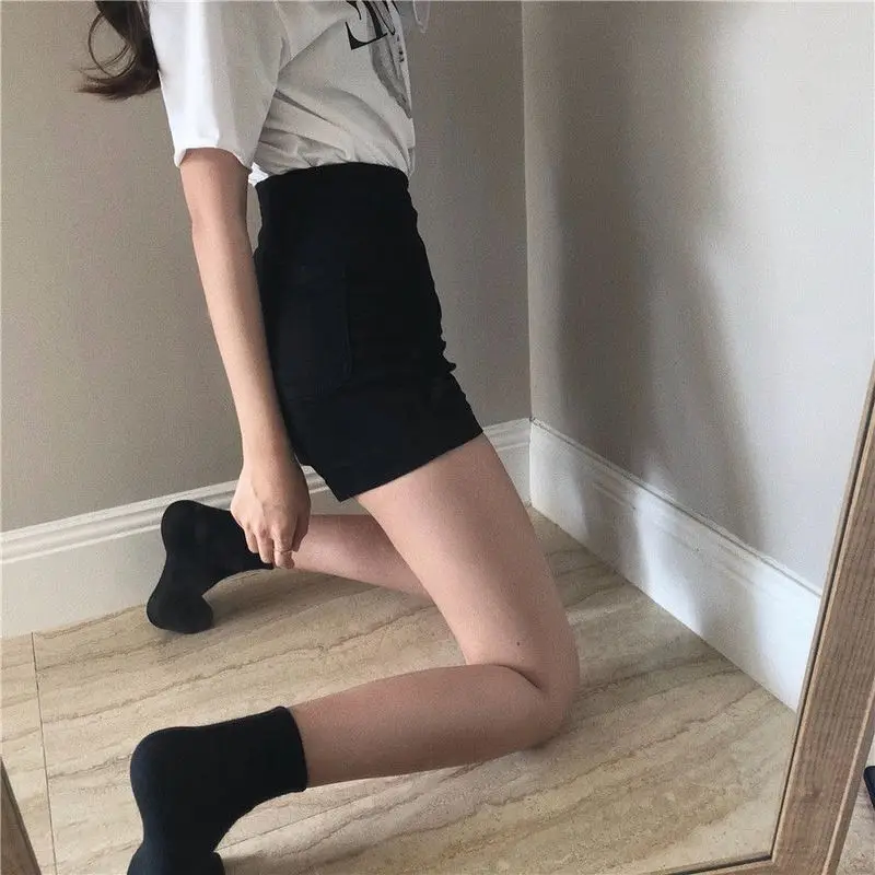 Black High-Waist Denim Sports Shorts Women Summer New Sexy Tight-Fitting Thin Stretch Long-Legged Hot All-Match Bag Hip Shorts