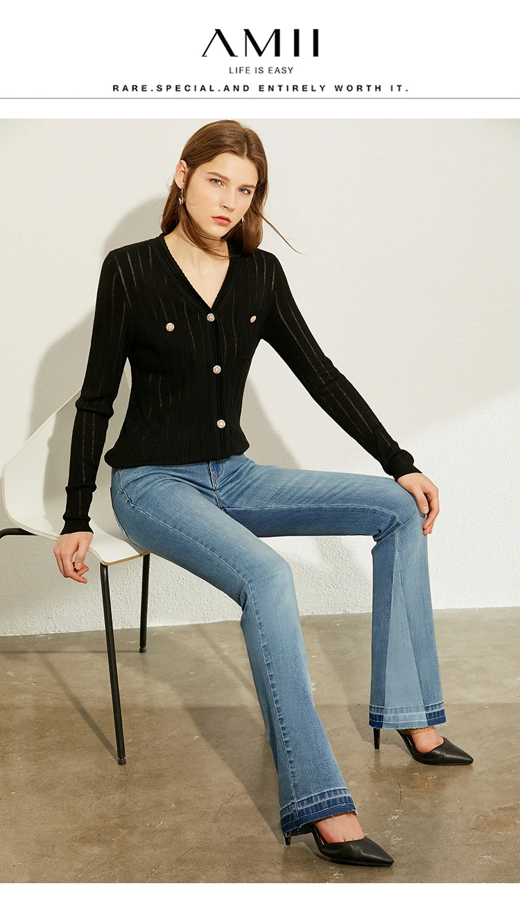 AMII Minimalism Summer Autumn Fashion Spliced Flare Women jeans Causal Cotton High Waist Ankel-length Female Jeans 12030139