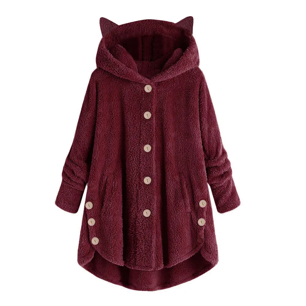 Autumn Women Hooded Button Coat Solid Tops Winter Women Loose Hooded Warm Outwear Plus Size Female Sweatshirt sudadera hombre