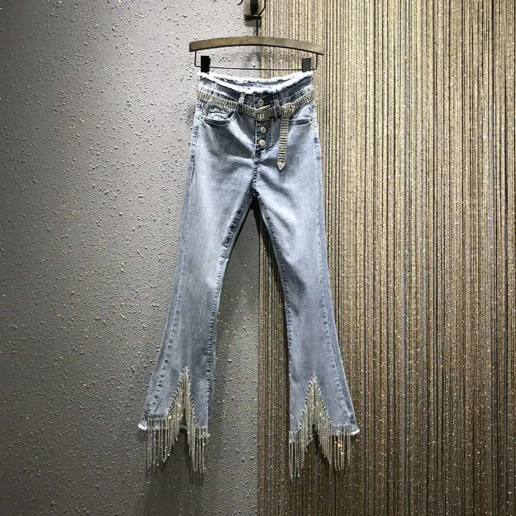 

High Waist Jeans Woman Flash Tassel Rhinestone Chain Jeans Spring Summer New Boot-Cut Slim-Fit Denim Ankle-Length Denim Pants