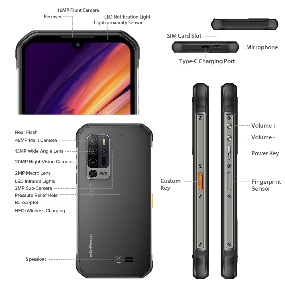Ulefone Armor 11 Waterproof Rugged Smartphones 8GB+256GB 6.1Inch Display 48MP Camera 5200mAh 5G Cell Phone Wireless Charging NFC