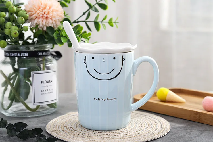 Creative Family Of Three Ceramic Parent-child Mugs With lid spoon Teacup Student Cartoon Cup