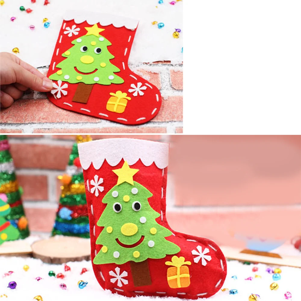 10pcs Kids Handmade Christmas Stocking Kit DIY Cartoon Sock Gift Holder Bag Kids Toy Non-Woven Gift Candy Bag Xmas New Year Gift
