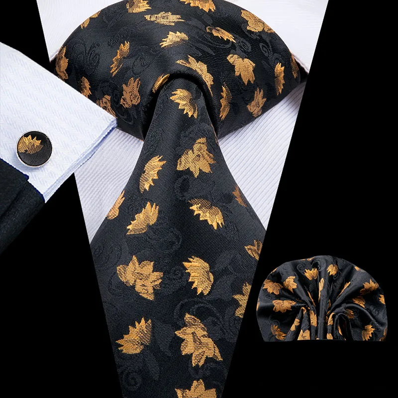 Hi-Tie Orange Men's Tie 8.5cm Silk Ties For Men Hanky and Cufflinks Set Gold Luxury Flower Classic Party Wedding Necktie