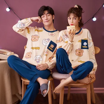 

Foply Couple Pajamas Set 100% Cotton Homewear Fresh Style Long Sleeve Sleepwear New Autumn Pj Set For Lover Pijamas Mujer Suit