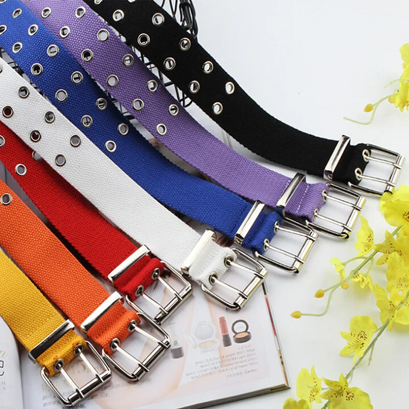 genuine leather belt Women Studded Grommet Hole 2 Row Pin Buckle Canvas Nylon Belt Waistband bulliant belt