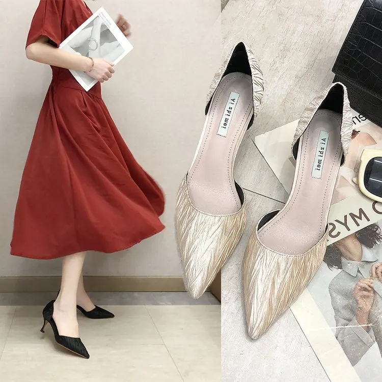 

Women's Pointed-Toe High Heel Thin Heeled Sandals Women's 2019 Summer New Style Semi-high Heeled Gold Sequin Wedding Shoes Fairy