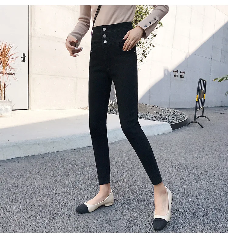 WOMEN'S Jeans Autumn And Winter plus Velvet Ultra High Waist Skinny Pants Women's Slim Fit Korean-style Jeans Black And White wi