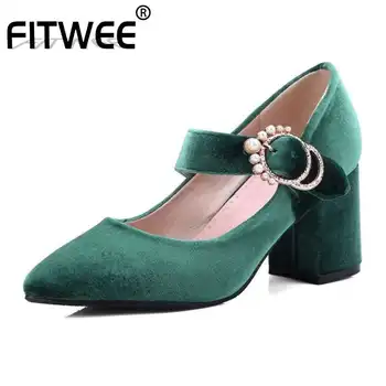 

FITWEE 2020 New Spring Stain Pumps Pointed Toe Pearl Block High Heel Elegant Shoes Women Buckle Ladies Footwear Size 32-43