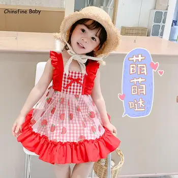 

Summer Girls Dress Red Glittering Strawberry Skirt Girl Baby Lovely Sweet Flying Sleeve Princess Skirt Children's Skirt