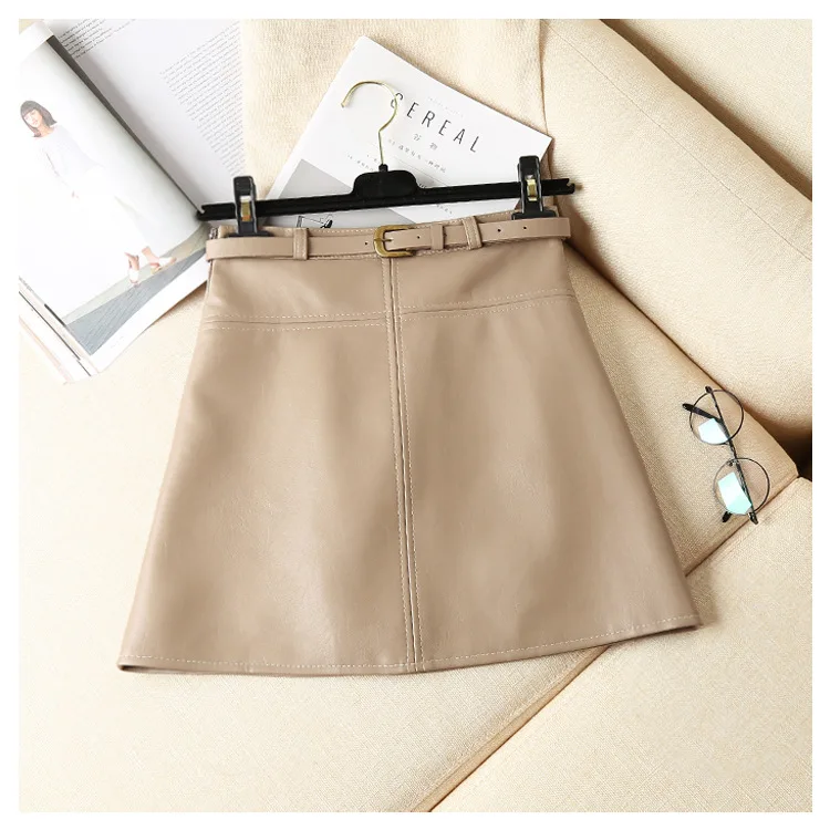 PU Leather Autumn Winter New Women Skirt High Waist Solid Sashes Mini Skirt A-Line Korean Above Knee Skirt