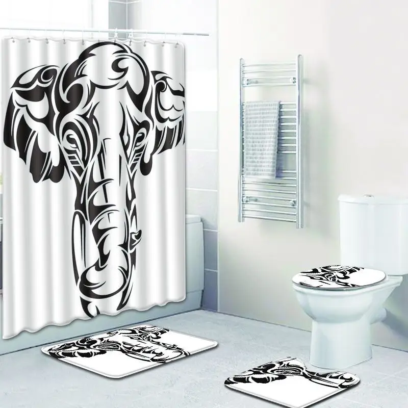 Zeegle Printed Cartoon Bath Mat with Shower Curtain Set Anti Slip Pedestal Rug Lid Toilet Cover Waterproof Shower Curtain Set