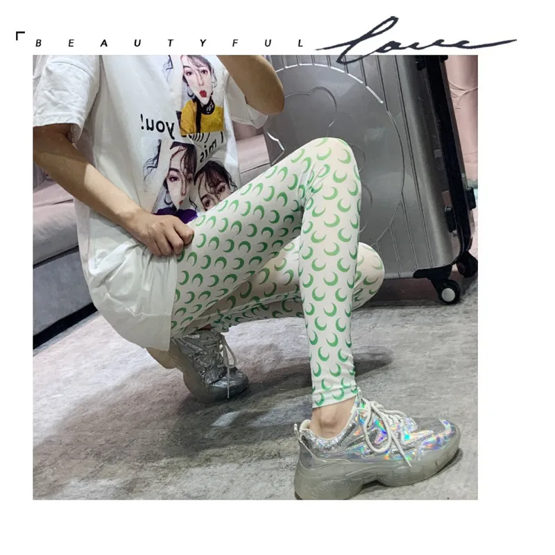 women's fashion 2020 Fashion Summer Streetwear Pencil Pants Women Blingbling Shiny High Waist Stretch Ice Silk Print Moon Leggings Sweatpants joggers for women