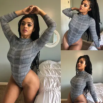 

Women Casual Long Sleeve Skinny Plaid High Neck Bodysuit Jumpsuit Romper Ladies Stretch Leotard Tops
