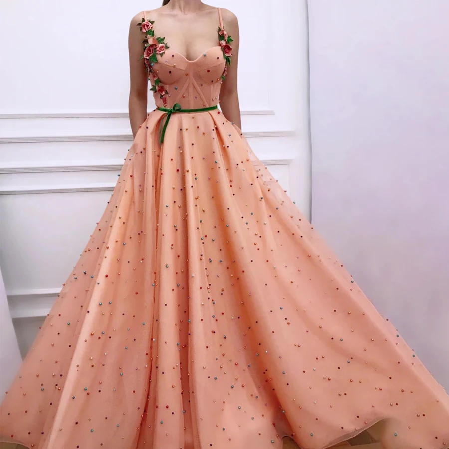 Spaghetti Straps Multi Color Pearls Beading Ball Gowns Prom Dress Coral Tulle Evening Dress with Colorful Applique Lace Dress