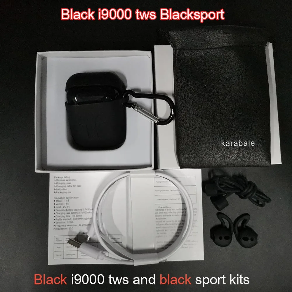 Умный сенсор i9000 TWS 1:1 Реплика 2 беспроводные Bluetooth наушники 8D стерео Бас PK H1 чип i500 i1000 i5000 TWS для iPhone 11 - Цвет: Black i9000 kit
