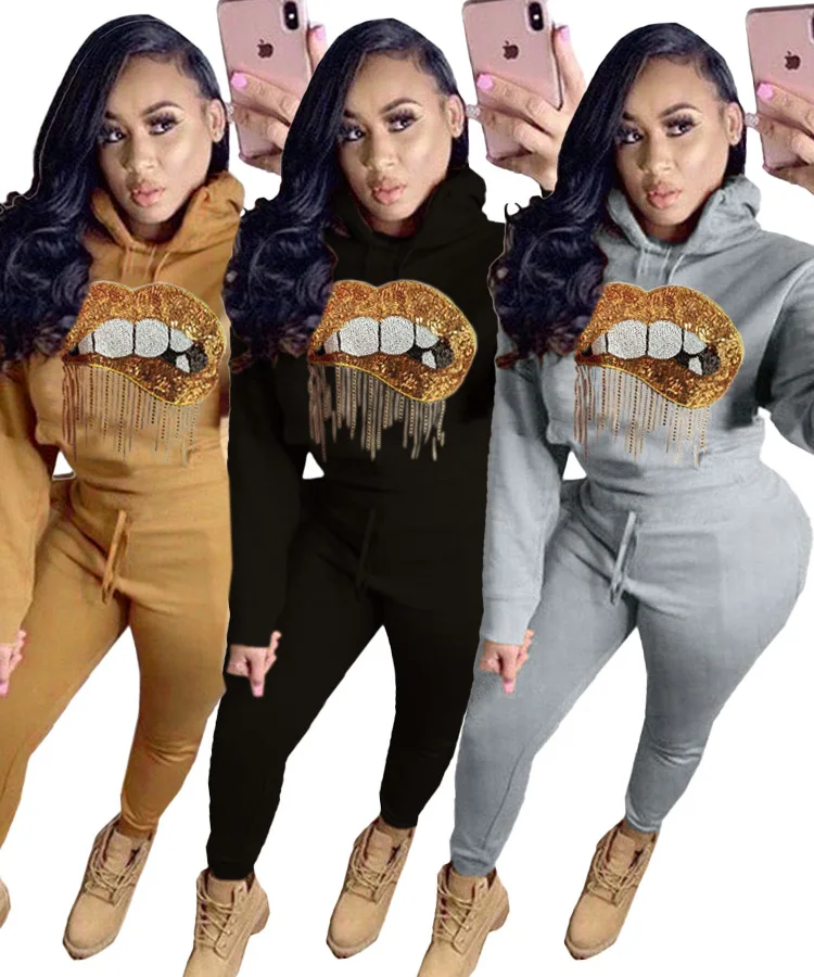 

Chandal mujer New Lip Print Hooded Tops Sweatshirt and pants women two piece outfits 2019 slim sequin winter sweatsuit women set