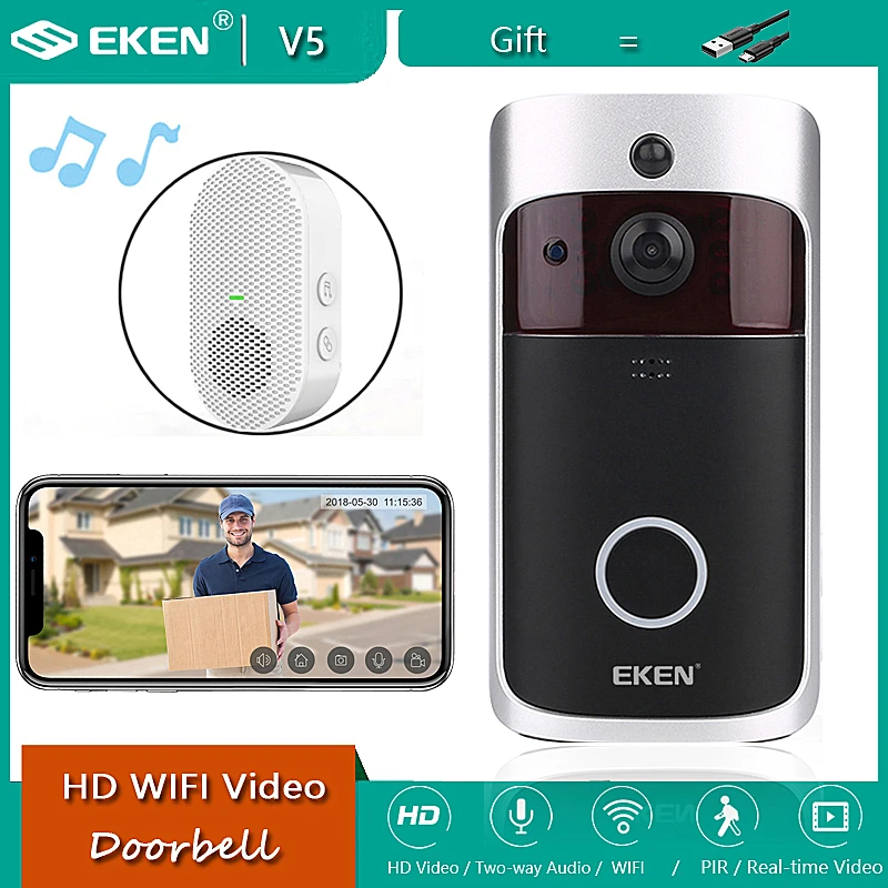 EKEN V5 Wi Fi дверной звонок умный IP видеодомофон камера для квартиры ИК сигнализация