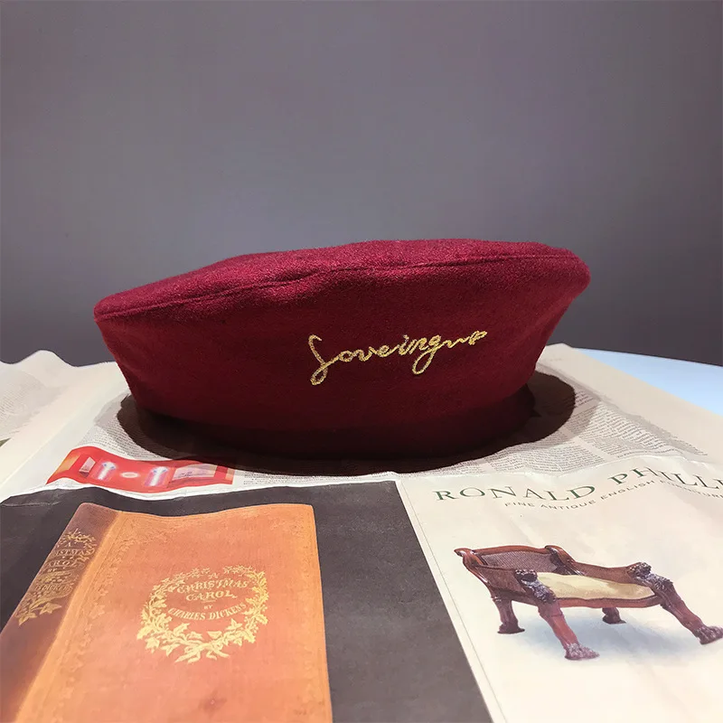 Wine Red Женский Универсальный берет в британском стиле, ретро берет с золотой английской вышивкой, восьмиугольник для путешествий, сохраняющий тепло, красивый берет - Цвет: Wine Red