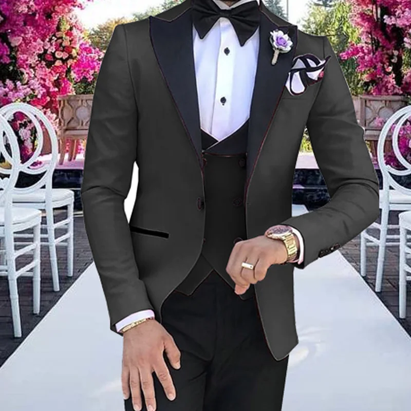 2019 new fashion Men Suit 3 piece V Neck Leisure Notched Lapel Double-breasted Tuxedos Men Suits for Wedding (Jacket+Pants+Vest)