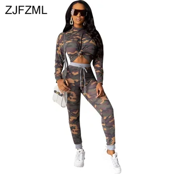 

Camo Print Sexy 2 Piece Set Tracksuit Women High Neck Long Sleeve Knot Crop Top and Drawstring Bodycon Long Pants Plus Size Set