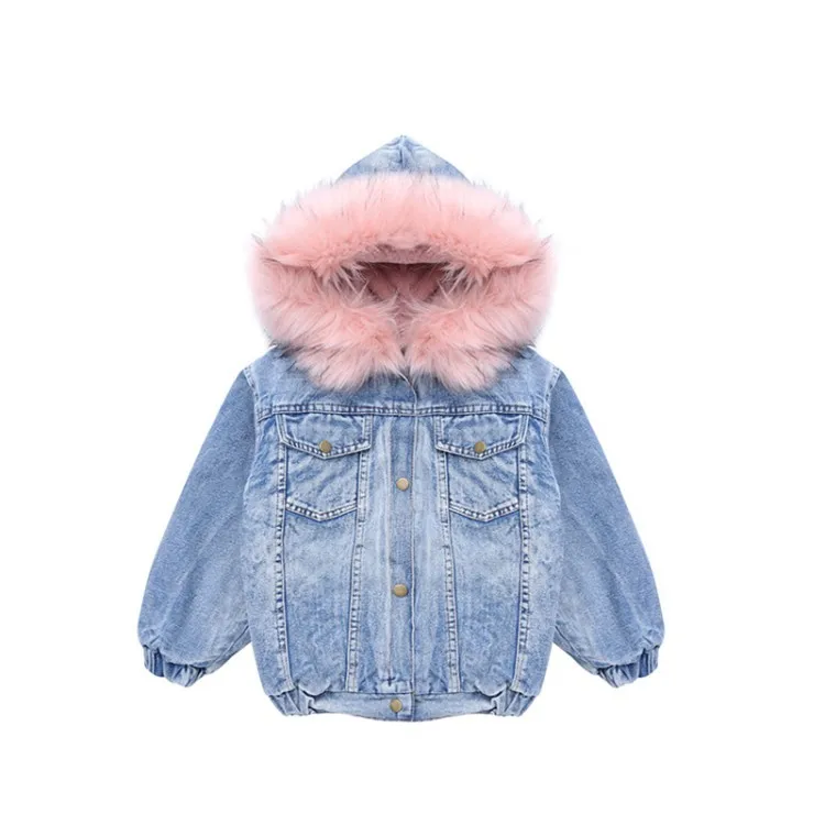 Girls Witner Denim Jackets Children Hooded Fur Collar Denim Coats Kids Thick Plus Velve Warm Parkas Coats Size 3t-14t