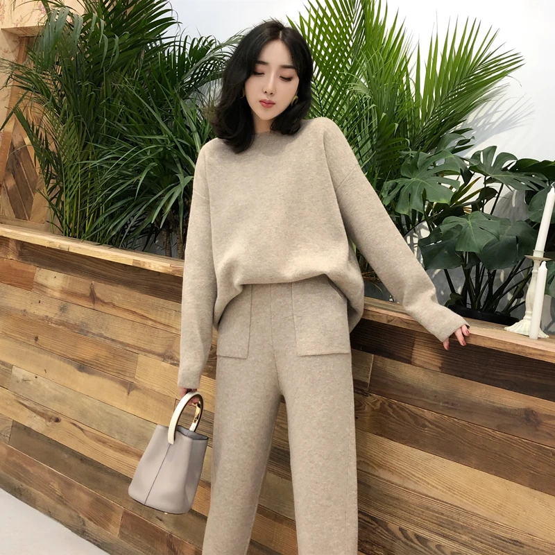 

Knitted 2 pieces Set Tracksuits Women 2019 Autumn Winter Thick Warm O-neck Loose Sweater+Ankle-Length Pants Warm Cashmere Suit
