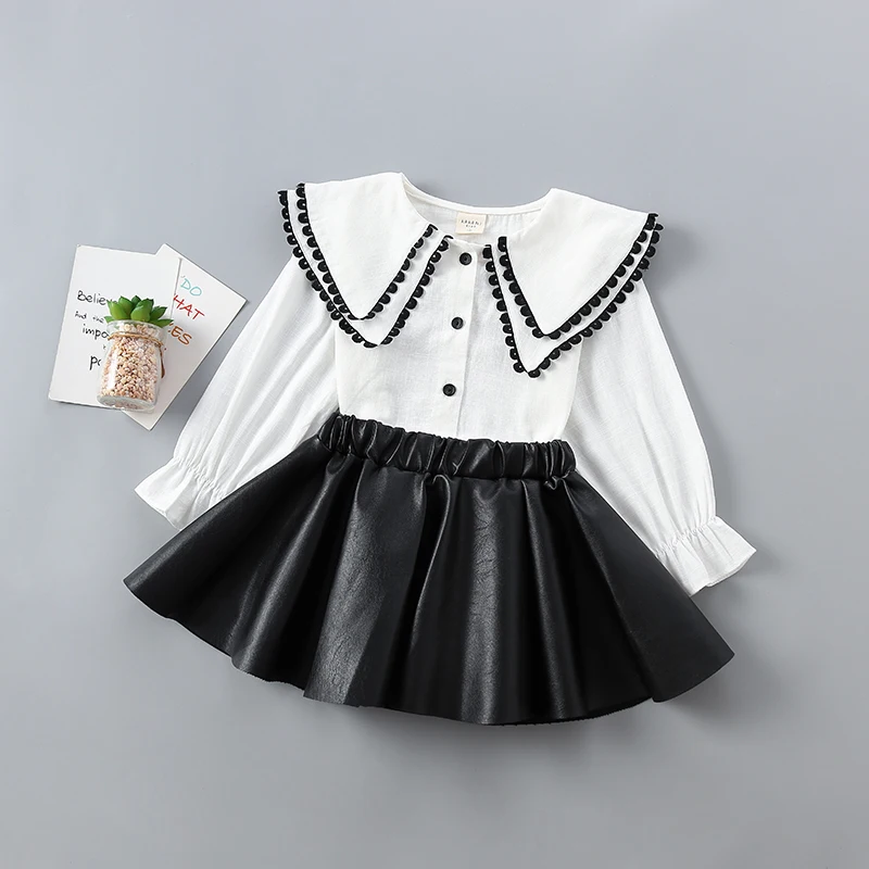 Комплект одежды для девочек от 2 до 7 лет, новая весенне-осенняя Однотонная рубашка с длинными рукавами для девочек+ кожаная юбка детская одежда для девочек