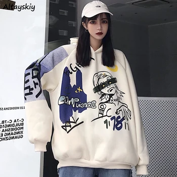 

Hoodies Women Oversize BF Loose Hooded Plus Velvet Warm Printed Japanese Style All-match Unisex Couples Sweatshirt Pullover Chic