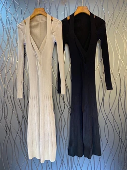 

2020 Early Autumn New Women's V-neck Solid Color Decorative Irregular Stitching Long Sleeve Knitted Long Dress 720