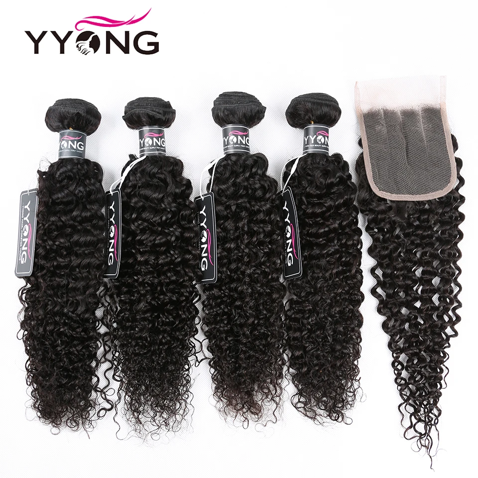 

Yyong 5 Pcs/Lot Brazilian Kinky Curly Weave 4 Human Hair Bundles With Closure 4x4 Medium Brown Swiss Lace Can Be Dyed Remy