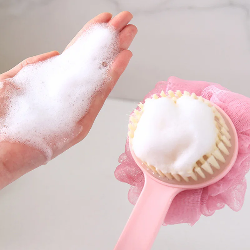 2 In1 Bath Body Brush Flower Boar Bristles Exfoliating Body Massager with Long Wooden Handle for Dry Brushing and Shower