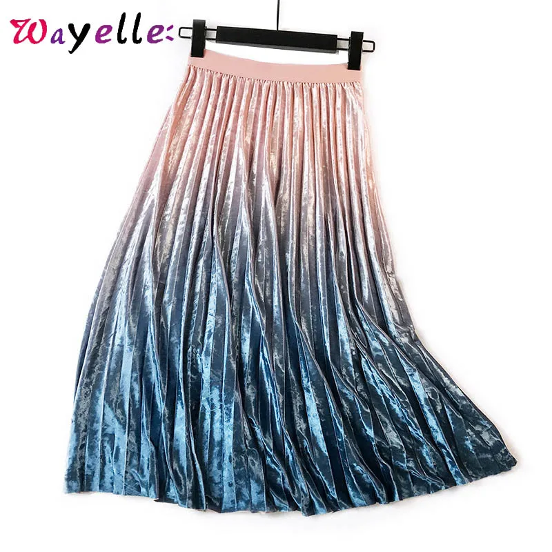 

Sequin Skirt Faldas Mujer Moda 2019 Diamond Velvet Gradual Color Elastic Waist Pleated Skirts Metallic Shinning Organ Midi Skirt