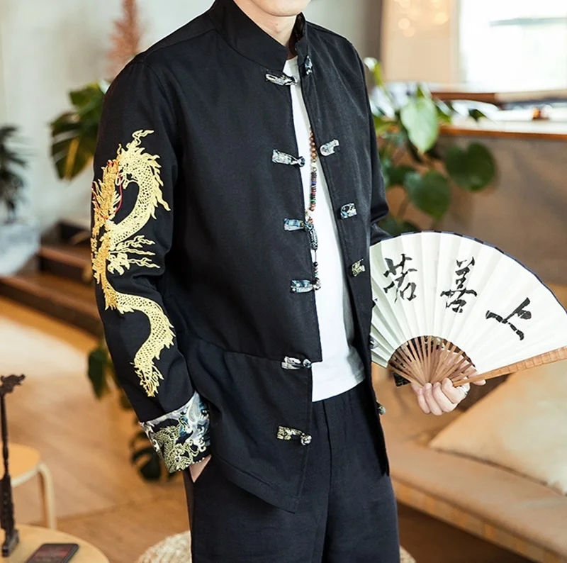 Traditional Chinese Style Embroidery Dragon Hanfu Blouse Tang Suit Men Kungfu Shirts Tops Jacket Cheongsam New Year Coats KK3246