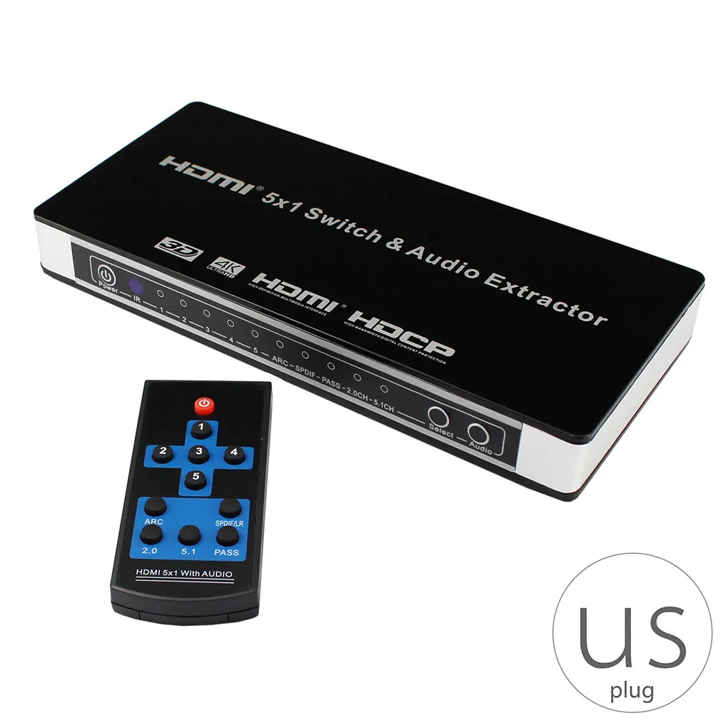 

HD Switch 4K 5 Port HD Switcher Splitter Box 4K 3D Remote Controller Power Adapter US/EU/UK Plug