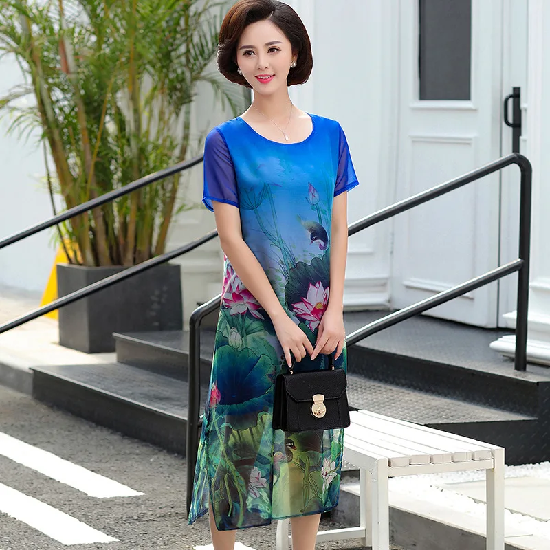 

2019 Spring And Summer New Style WOMEN'S Dress Real Silk Printed Big Hemline Loose-Fit Crew Neck Mid-length Half-sleeve Shirt Mu