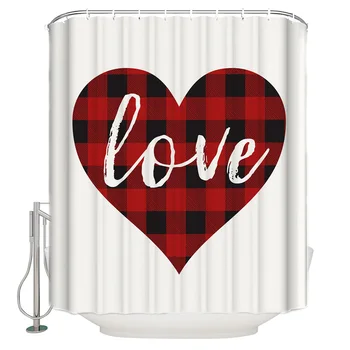 

Shower Curtain Waterproof Polyester Fabric Shower Curtain Valentine'S Day Red Grid Love Heart Sweet