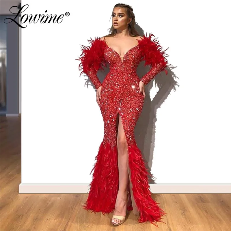 

Feathers Mermaid Evening Dress Long Sleeves High Slit Beads Robe De Soiree Red Prom Gowns Vestido De Festa 2020 Sexy Party Dress